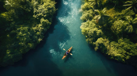 Kayaker in tropical river lush vegetationの素材