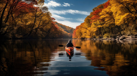 Kayaker exploring calm river with vibrant autumn foliageの素材