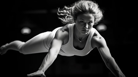 Gymnast powering into tumbling pass on floor exercise matの素材