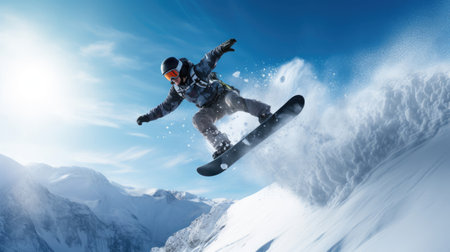 Snowboarder in a halfpipe with spins and flips against a blue skyの素材