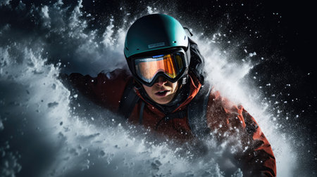 Snowboarder navigating a narrow steep couloir with intense concentrationの素材