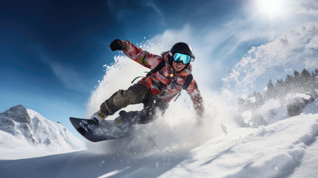 Snowboarder performing a stylish butter trick with bright winter sunlightの素材