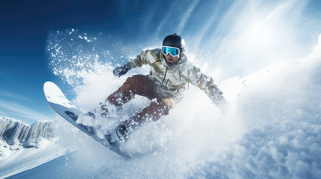Snowboarder performing a stylish butter trick with bright winter sunlightの素材