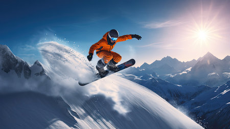 Snowboarder spinning off natural feature in mountain landscapeの素材