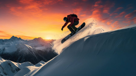 Dramatic snowboarding jump with sunset-lit snow peaks in the backgroundの素材