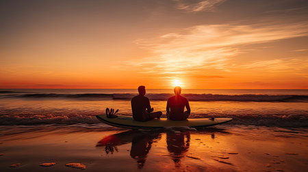 Picturesque sunset scene with two surfers anticipating the next waveの素材