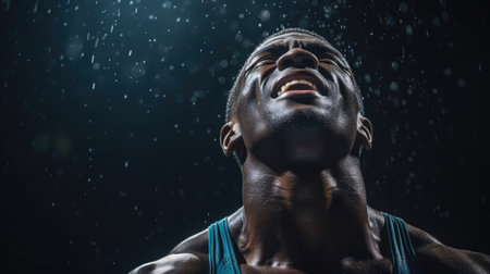 Weightlifter catching breath post-lift sweat and studio lights sense of exertionの素材