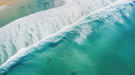 Aerial perspective of peaceful surf break gentle waves surfers in actionの素材