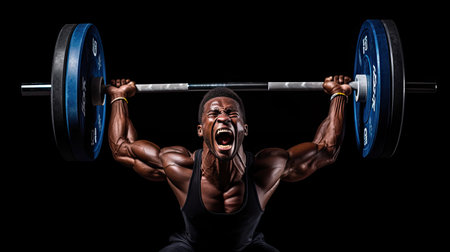 Focused weightlifter mid-snatch barbell suspended mid-airの素材