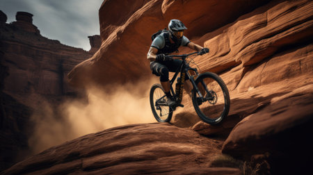 Biker speeding in a narrow rocky canyonの素材