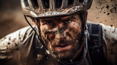 Focused mountain biker close-up of dirt and sweat-streaked faceの素材