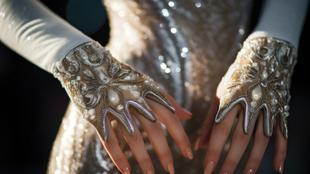 Close-up of figure skater's gloved hands ready for ice performanceの素材