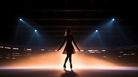 Striking silhouette of figure skater illuminated by arena lightの素材