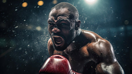 Powerful image of boxer clenched fists glistening sweat intense focusの素材