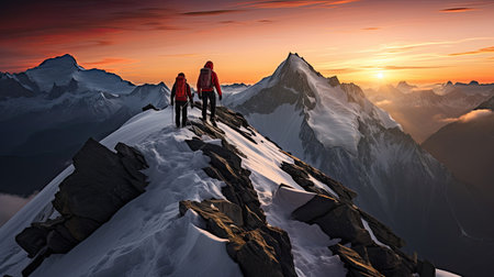 Vibrant photo of mountaineers conquering rugged peak with colorful gear at sunset intense alpine ascentの素材