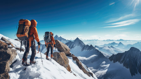 Mountaineers navigating challenging ascent in snow-covered alpine landscape precise and deliberate movementsの素材