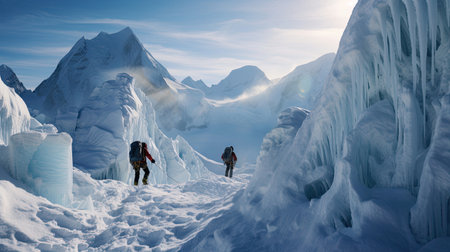 Crisp mountain air ascent: mountaineers in glacier-carved valley with colorful gear and calculated movementsの素材