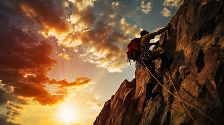Climber on fiery rock face at sunsetの素材