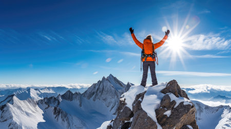 Mountaineer reaches peak under blue skyの素材