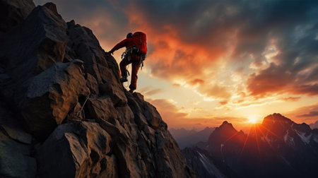 Dramatic mountaineer on fiery rock faceの素材