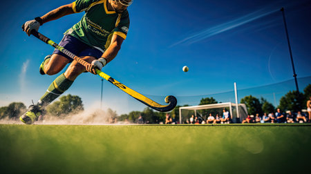 Intense focus on field hockey goal attemptの素材
