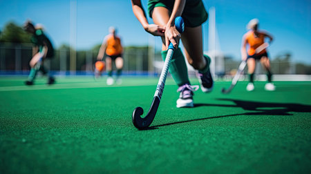 Hockey player dribbling past defenders on green fieldの素材