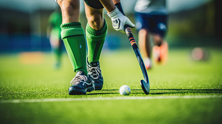 Dynamic shot of field hockey player skillfully dribblingの素材