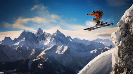 Ski jumper soars against majestic mountain rangeの素材