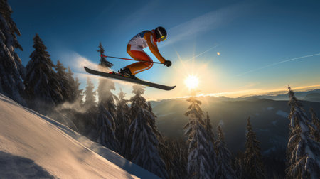 Ski jump with evergreensの素材