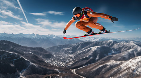 Ski jumper poised for takeoffの素材