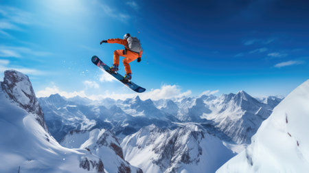 Fearless ski jumper in perfect V-shape against blue skyの素材