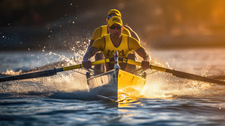 Pair of rowers in vibrant jerseys at bustling regattaの素材