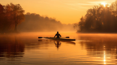 Rower glides on glassy lake at dawn with golden lightの素材