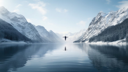 Ski jumper takes flight on serene frozen lakeの素材