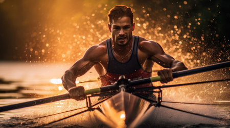 Intense rower stroke glistening water vivid jersey precision and power in rowing momentの素材