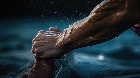 Close-up of rower's intense grip bright jersey controlled movementの素材