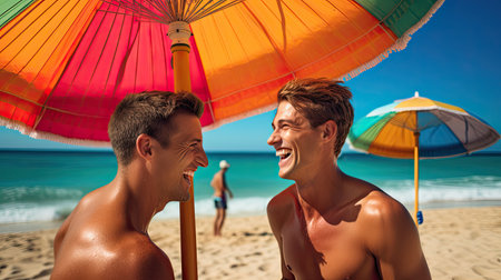 Camaraderie moment laughter between points genuine smiles vibrant beach umbrellas azure sea warm atmosphere in serene beach volleyball sceneの素材
