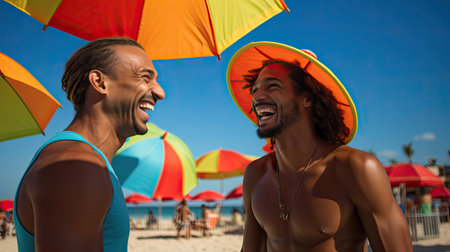 Camaraderie moment laughter between points genuine smiles vibrant beach umbrellas azure sea warm atmosphere in serene beach volleyball sceneの素材