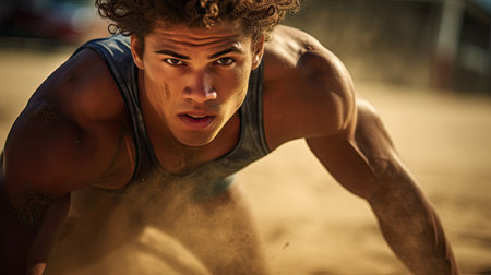 Player's intense serve prep shifting sand vibrant beachwear focused determination in intimate beach volleyball momentの素材