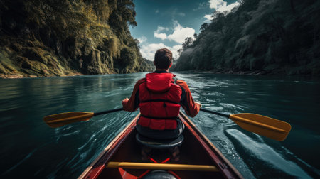 Determined rower on winding river lush nature colorful jerseyの素材