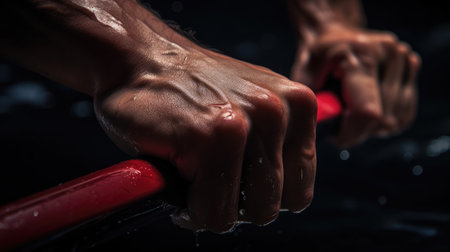 Close-up of rower's intense grip bright jersey controlled movementの素材