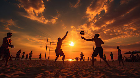 Beach volleyball match at sunset players silhouetted against fiery sky sand still warm energetic movements stunning beach volleyball photoの素材
