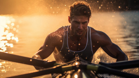 Intense rower stroke glistening water vivid jersey precision and powerの素材