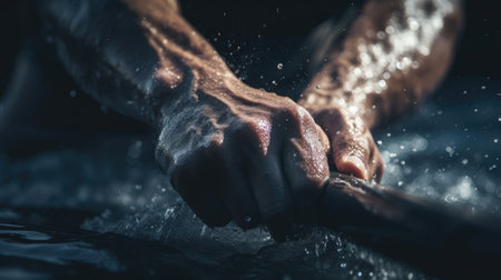 Close-up of rower's intense grip bright jersey controlled movementの素材