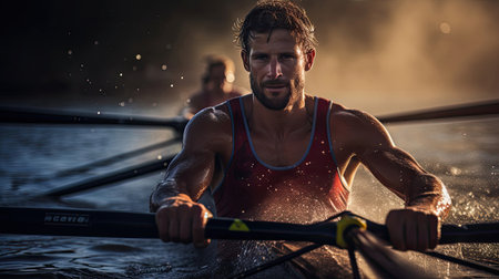 Intense rower stroke glistening water vivid jersey precision and powerの素材