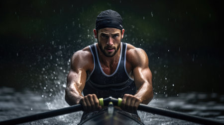 Intense rower stroke glistening water vivid jersey precision and powerの素材
