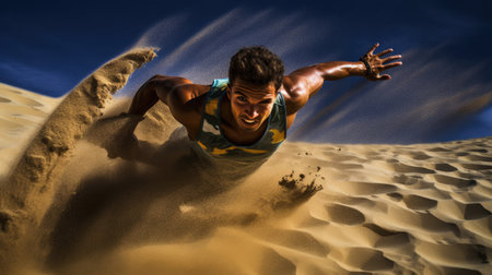 Player's spectacular save dive midday sun sharp shadows colorful beachwear exhilarating beach volleyball photoの素材