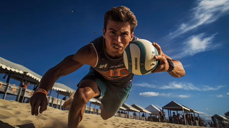 Determination as player dives for save midday sun sharp shadows vibrant beachwear intense beach volleyball momentの素材