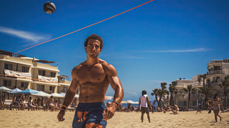 Player anticipates serve focused and alert pictures that sandy court calming and inviting beach volleyball atmosphereの素材
