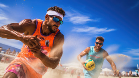 Intense beach rally golden sand and ocean contrast dynamic movements vibrant beachwear stunning beach volleyball photoの素材